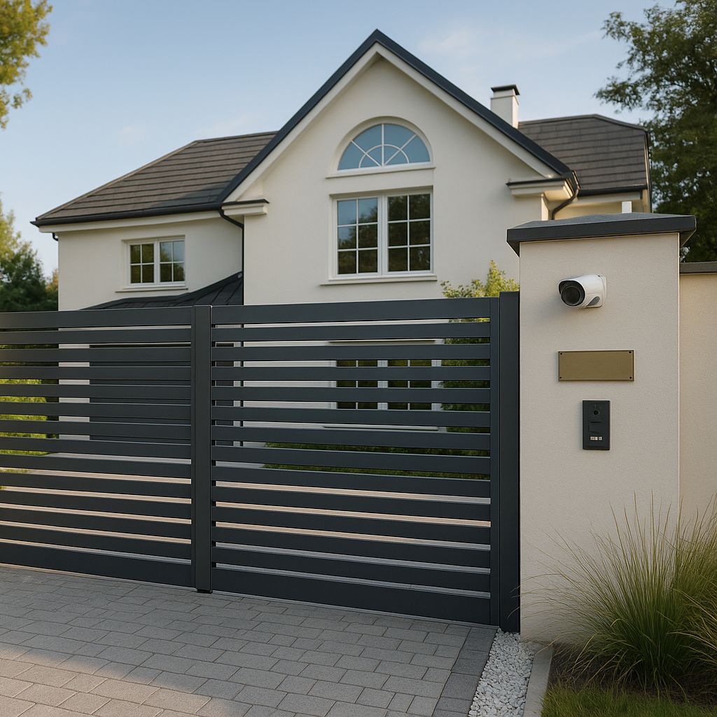 Modern black sliding gate in front of a large residential home with security camera and access panel.