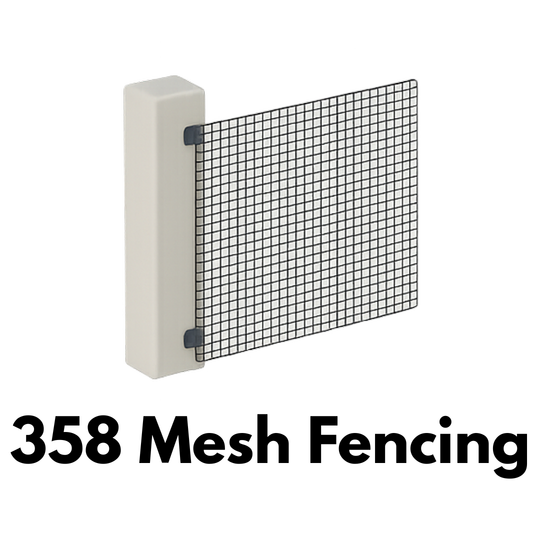 Icon of a security-style mesh fence panel fixed between two beige posts.