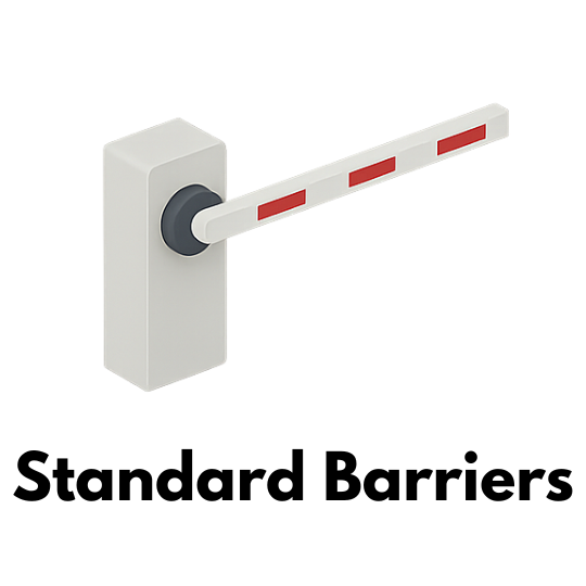Isometric icon of a standard car park barrier with a slim white arm and red reflective stripes, attached to a light grey control unit.