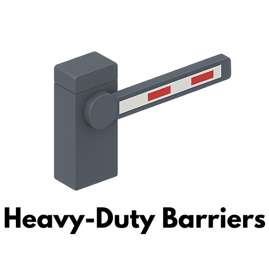 Isometric icon of a heavy-duty barrier with a thicker white arm and red reflective stripes, mounted on a dark grey reinforced control unit.