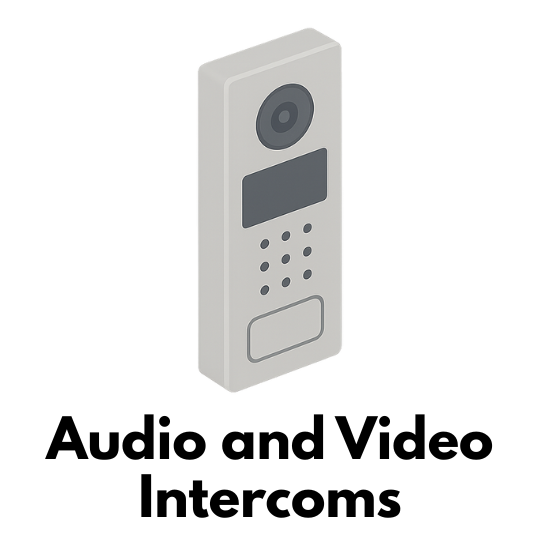 Isometric icon of a wall-mounted intercom with camera, screen, and buttons.