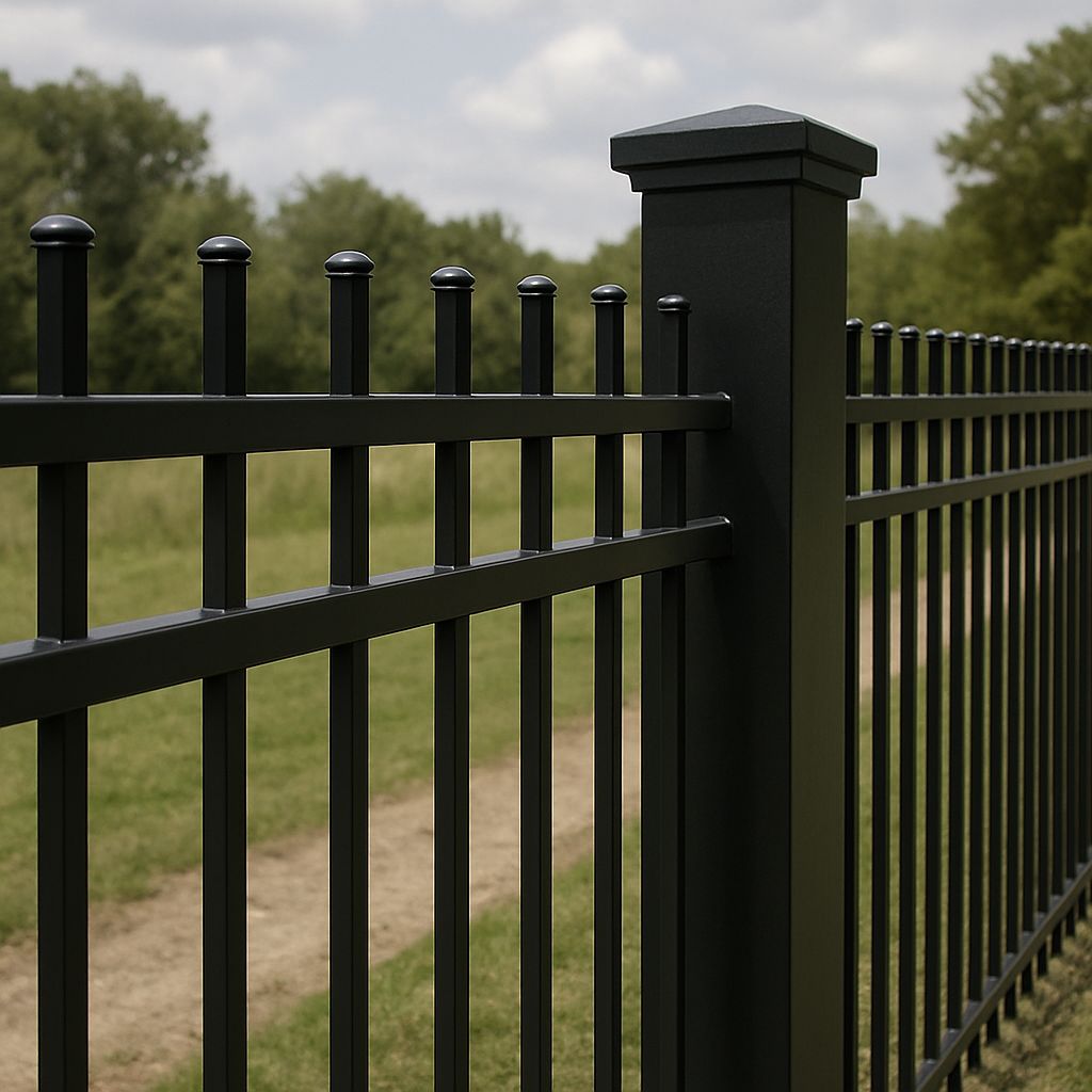 Black aluminium fence with vertical bars in a garden next to a dirt path and green lawn.