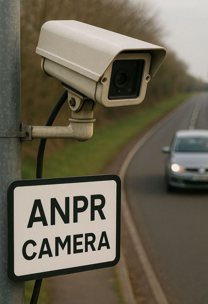 ANPR camera mounted on a roadside pole with a car approaching on the left side of a two-lane road.