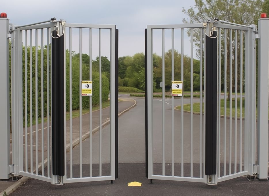 Grey steel bi-folding automatic gate with both leaves folded open across a site entrance road, with safety edges and warning beacons on the posts
