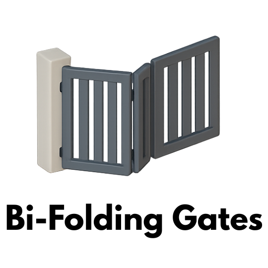 A two-panel metal gate folding inward at the centre, clearly showing the hinged fold.