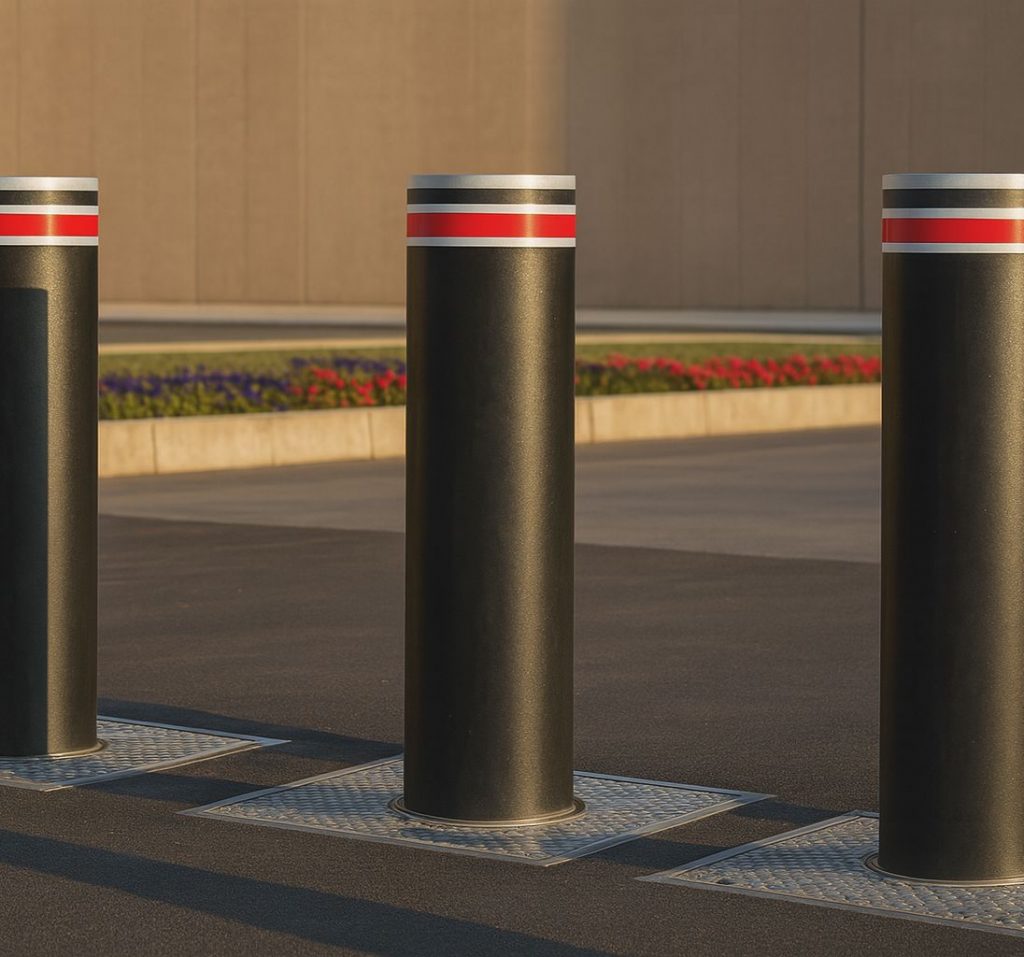 automatic bollards with red and white reflective bands, installed on a paved road near a building and flowerbed.