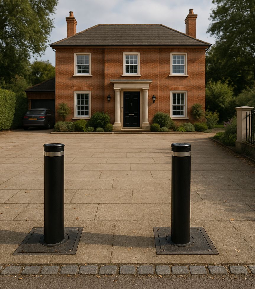 Two black automatic bollards on a paved driveway in front of a red-brick Georgian house.