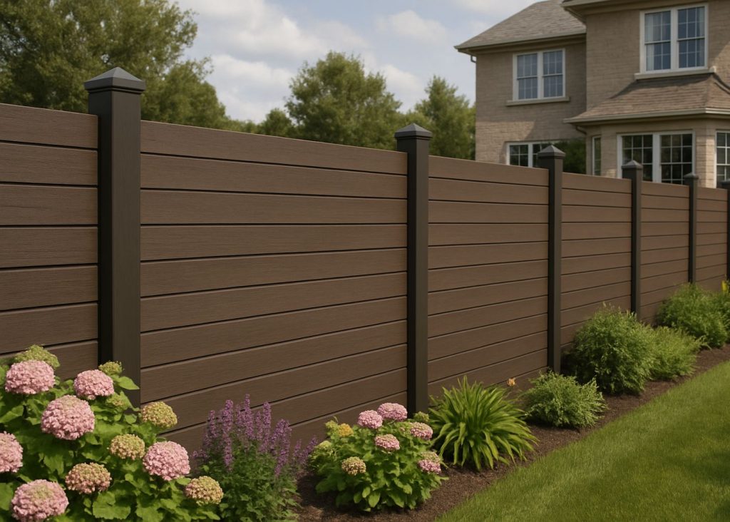 Brown composite fence with dark posts in a landscaped garden beside a large house.