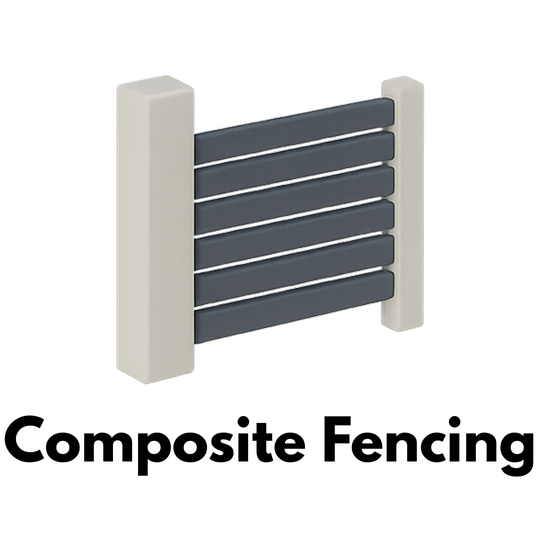 Icon of a solid panel composite fence with horizontal slats held by beige posts.