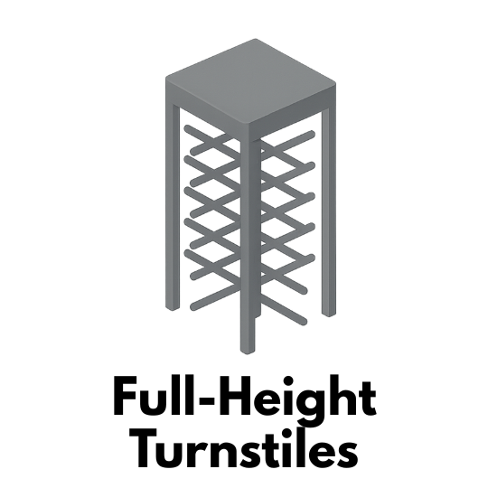 Isometric icon of a tall steel full-height turnstile with horizontal rotating bars