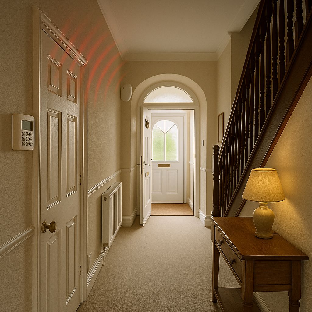 Bright and tidy hallway of a home with cream walls, a white front door slightly open, a wooden staircase on the right, and a side table with a lit lamp.
