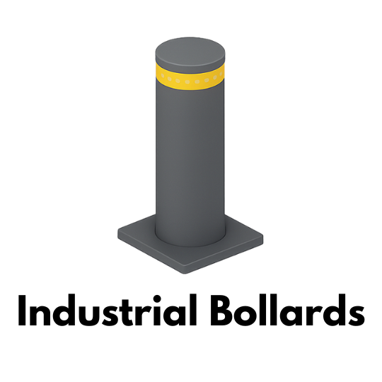 Dark grey industrial bollard with dotted yellow band.