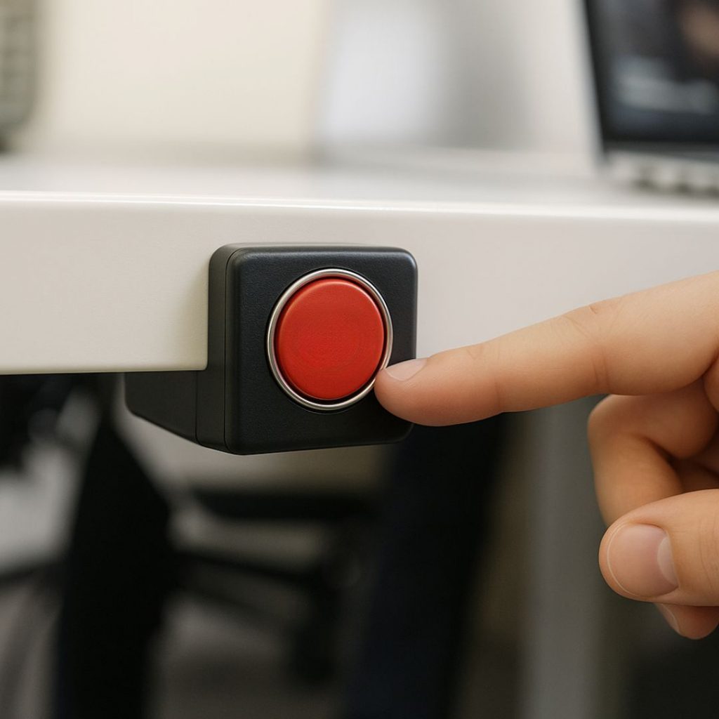 A person pressing a red panic alarm button mounted under a white desk in an office setting.