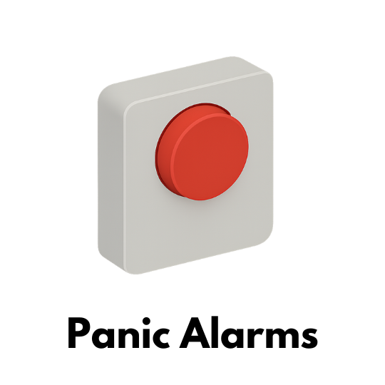 Isometric icon of a red emergency panic button on a square base.