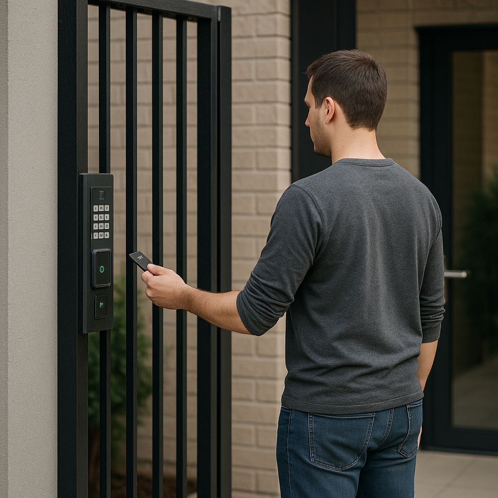 ChatGPT said: Man using a key fob to access a secure gate outside a modern building.