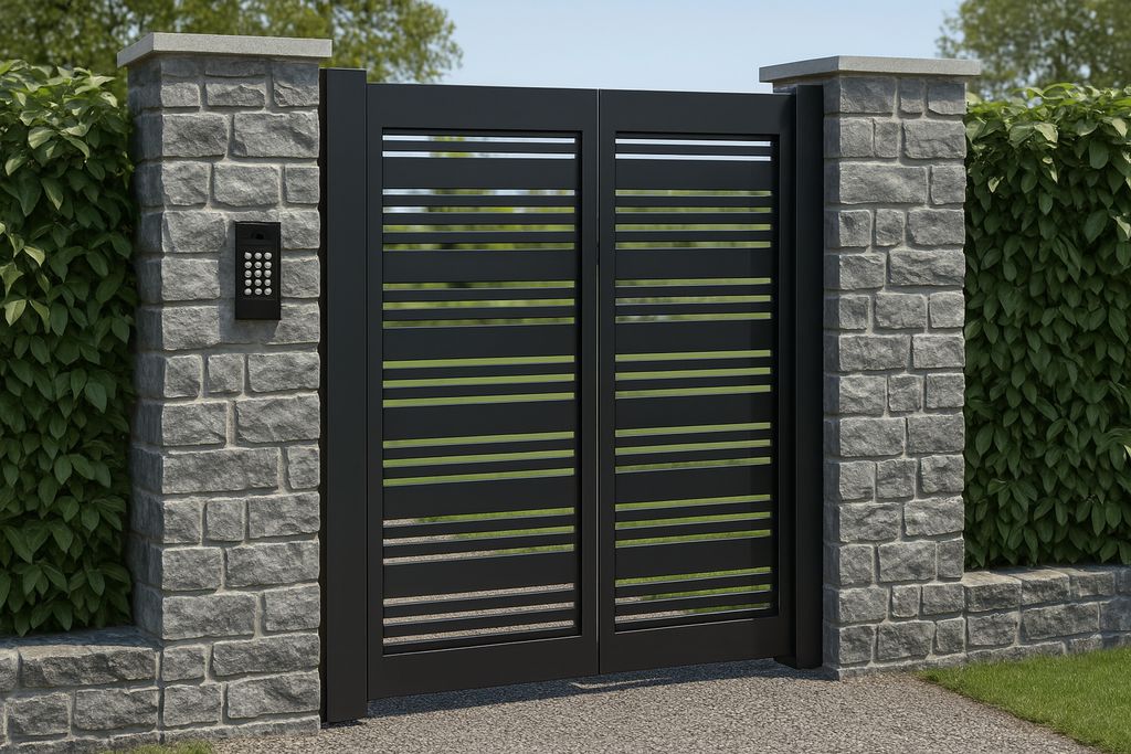 Black aluminium double pedestrian gate with horizontal slats set between two stone pillars, with a keypad entry panel on the left pillar