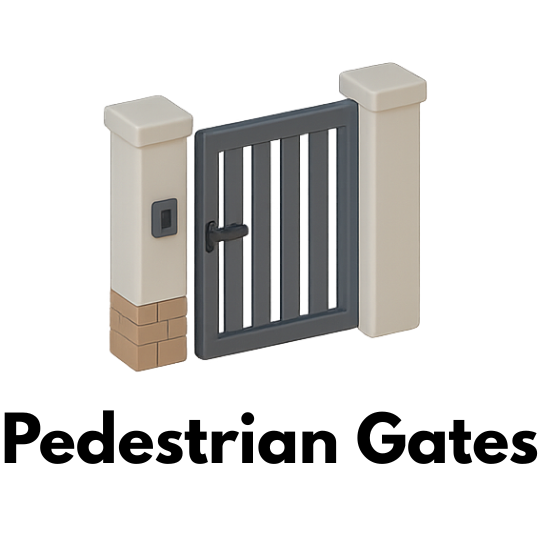 A small walk-through gate with a handle and keypad, placed between two posts.