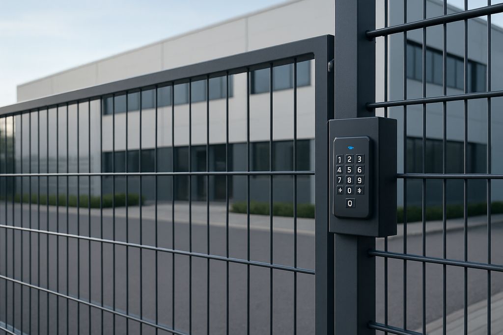 Secure keypad access mounted on a black metal gate outside a modern commercial building.