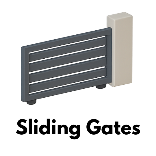 A modern metal sliding gate partially open along a wall with visible wheels underneath.