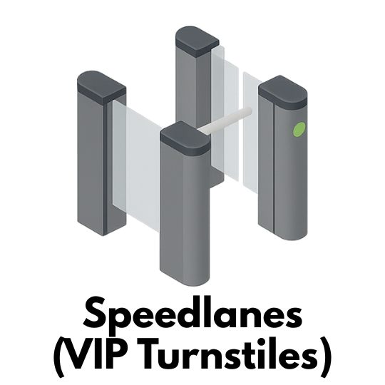Isometric icon of a sleek glass-panel speedlane with slim pillars and LED indicator.