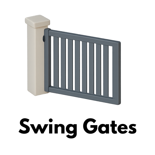 A 3D-rendered metal swing gate attached to a post, shown mid-swing to indicate motion.