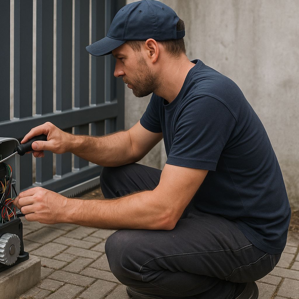 Technician repairing or installing an automatic gate motor.