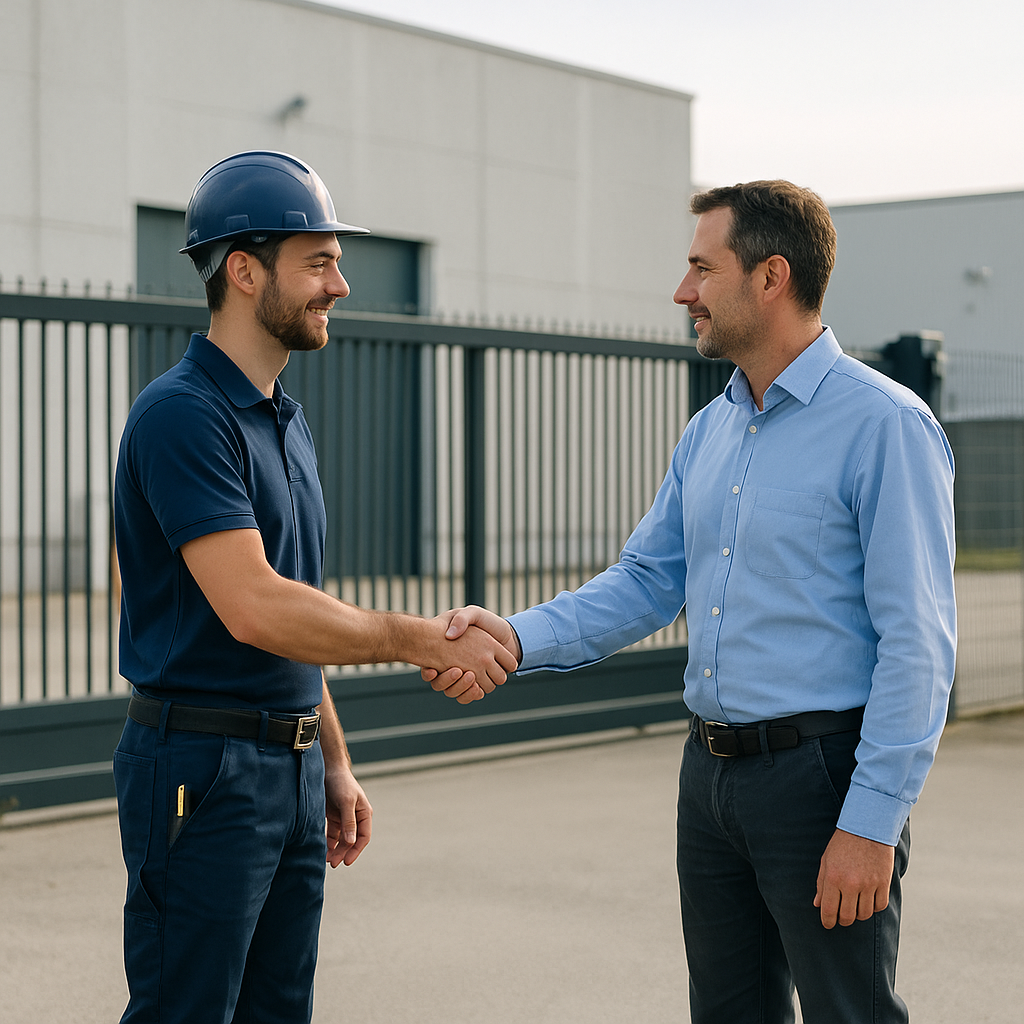 Two men shake hands outside an industrial building near a metal gate.